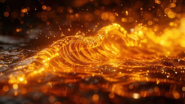 Liquid gold wave with bokeh effect and splashing droplets - Powered by Adobe