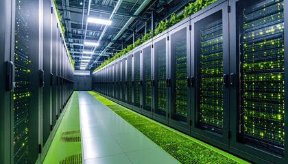 Modern server room interior with green accent