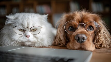 Fototapeta na wymiar Humorous and endearing portrait of a serious white cat and a wise-looking brown dog, both wearing glasses and intently focused on a nearby laptop screen.