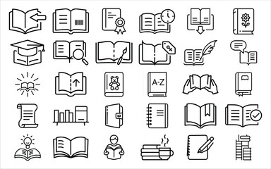 Collection of hand drawn book icons representing reading and education