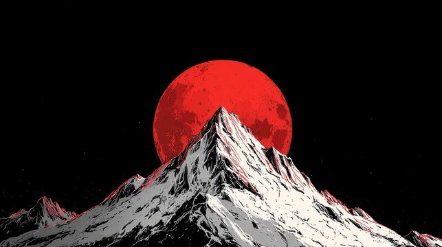 Majestic snowy mountain peak under red sun with starry night sky backdrop.
