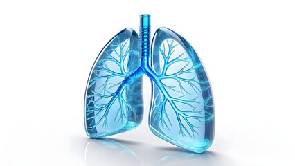 Futuristic 3D blue lungs icon with glowing bronchial tree and respiratory anatomy design isolated on white background