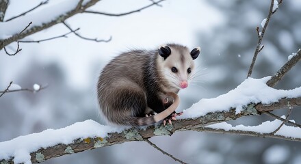Obraz premium Opossum on Snowy Branch