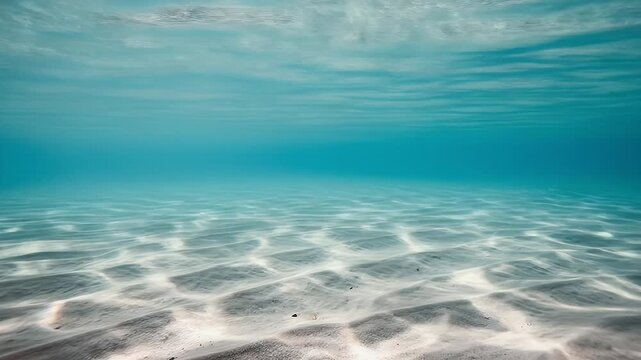 Serene underwater scene with sunlight dancing on the sandy ocean floor clear turquoise water creating a peaceful and tranquil background loop