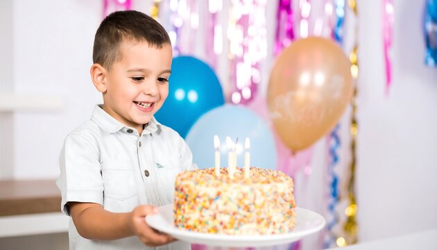 A happy child holds a birthday cake