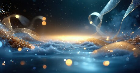 Abstract background features luminous waves, golden ribbons, sparkling particles. Dramatic lighting creates ethereal, dreamy scene.