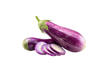 A whole purple eggplant with several fresh slices arranged beside it