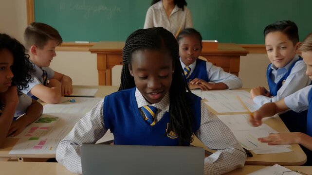 Diverse group of elementary school students working together on a project, using a laptop and taking notes, while their teacher observes in the background