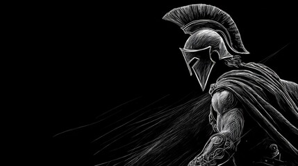 Spartan warrior sketch in helmet on black background with dramatic lighting.