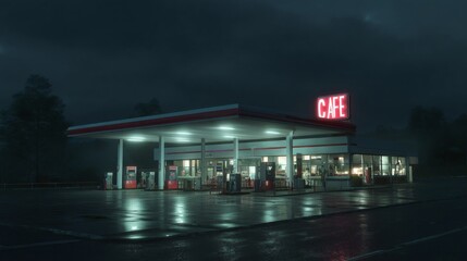 Neon-lit gas station and diner under moody night sky with empty wet pavement.