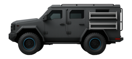 Command vehicle with bulletproof glass windows and side-mounted equipment racks