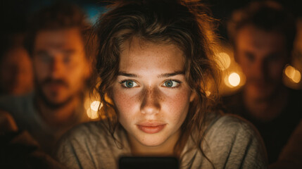 A young woman with curly hair and freckles intently gazes at her smartphone in a dimly lit environment with blurry figures in the background creating a warm atmosphere