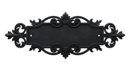 Elegant black ornate sign with space for text, perfect for luxury branding and design projects