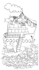 Pencil drawing. The gangway is lowered from the ship onto the boat.