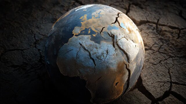 A large, cracked, and broken globe. The globe is on a rocky surface. Abstract illustration of cracked earth globe with dry texture overlay, geopolitical scarcity, muted dramatic concept