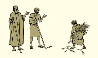 Vector drawing. Ruth and Boaz in the field