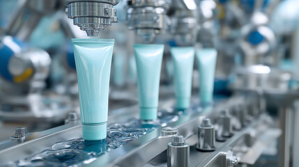Automation in packaging process with robotic arms of producing skin cream in tubes