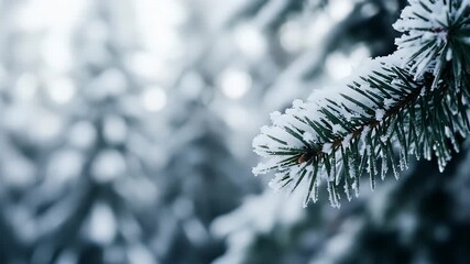 A beautiful close up shot of a snow covered fir tree branch with delicate snowflakes gently falling in a serene and peaceful winter forest - Powered by Adobe