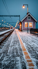 A serene winter scene shows a snow-covered train station at dusk, with a warm light glowing from the pink station building and snowy tracks leading into the distance