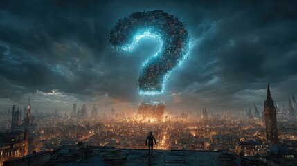 Futuristic cityscape with a glowing question mark hovering above, inspiring curiosity and innovation, perfect for tech and design concepts, inviting exploration