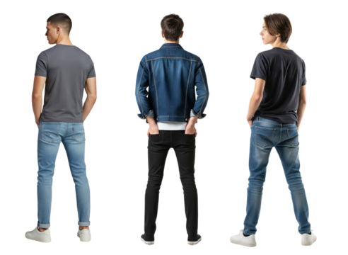Collection of back view young men isolated on white or transparent background