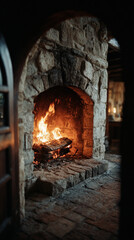 A warm fireplace glows with dancing flames in a rustic stone setting, creating a cozy and inviting atmosphere within a cabin or lodge
