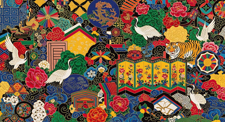 Obraz premium Colorful korean folk painting with cranes and tiger