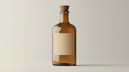 Brown glass bottle with blank label and cork cap isolated on light background minimal design mockup