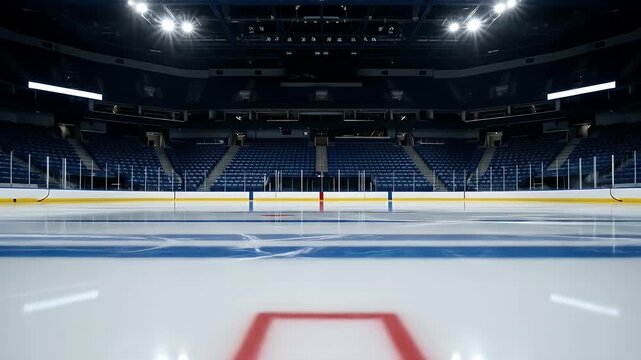 Smooth camera glide over a pristine ice hockey rink in a large empty arena with bright lights a professional sports venue ready for a game