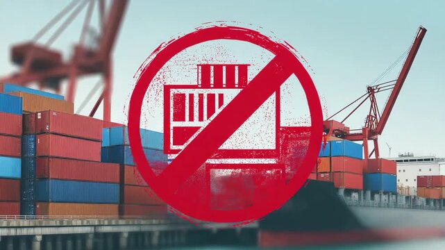 A red and white sign with a no computer sign on it. Clean minimal infographic with cargo icon and large red export ban stamp overlay, export ban, editorial graphic style