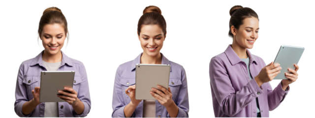 Collection of young women using tablet isolated on white or transparent background