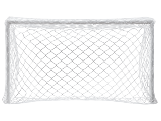 The photograph presents a detailed view of an empty goal net, the focus is on the netting and the frame. 