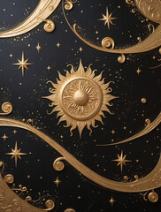 celestial art card featuring golden sun and stars with abstract cloudy night sky background in elegant dark design style stock illustration design template wallpaper background