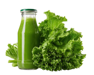 Green smoothie bottle with fresh lettuce and celery, healthy drink for detox, nutrition and wellness, vibrant green color, isolated on transparency background
