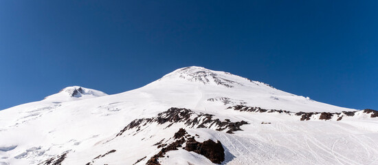 Two peaks of Elbrus, the Western peak and the Eastern peak in sunny weather, Russia