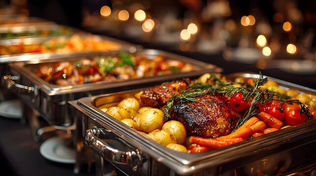 Beautiful catering buffet line with stainless steel chafing dishes is filled with delicious roasted vegetables and potatoes at an elegant evening social event.