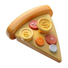 3d slice of pizza with coin toppings isolated on transparent background