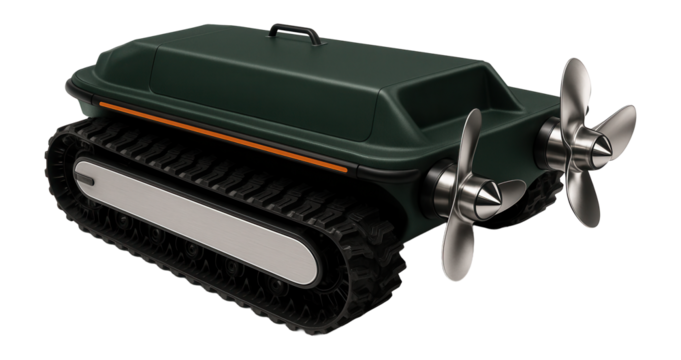 Tracked amphibious vehicle with side skirts and rear propellers