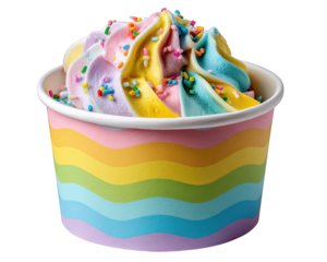 Pastel ice cream cup with rainbow swirl, colorful sprinkles, creamy texture, and playful dessert style, perfect for kids and summer treats, cheerful and vibrant look
