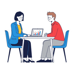 Strategic Discussions: A meticulously crafted illustration captures two professionals engaged in a pivotal meeting, seated across a table.