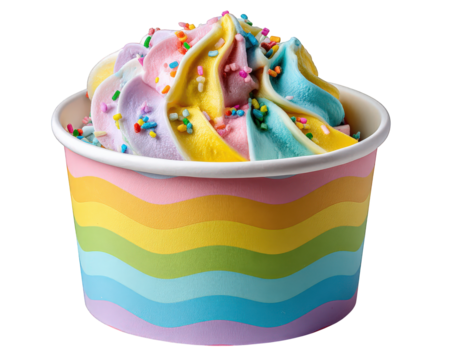 Pastel ice cream cup with rainbow swirl, colorful sprinkles, creamy texture, and playful dessert style, perfect for kids and summer treats, cheerful and vibrant look