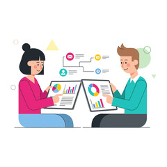 Business Insights: Two professionals collaboratively analyze complex data, represented through colorful charts and graphs, on digital devices. This image showcases collaborative project discussion.