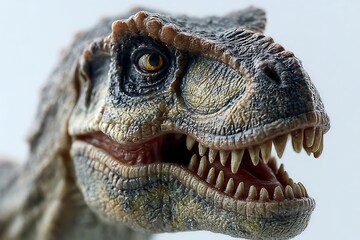 Fototapeta premium Intricate T-Rex figurine close-up with sharp teeth against a white backdrop