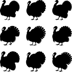 nine black silhouette illustrations of turkeys