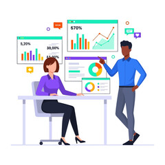 Data Analysis Collaboration: Two professionals collaborate, pointing to a collection of data charts, a dynamic visual representing their insights and collaborative data processing.