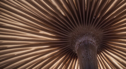 Intricate patterns of light and shadow dance across the gills of a mushroom, creating a visually striking and mesmerizing abstract composition, highlighting the delicate beauty found in nature.