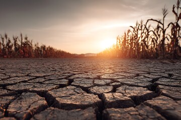 Cracked dry soil as a symbol of drought and global warming representing climate change and ecological crisis. Arid land with deep cracks in earth caused by extreme drought, lack of water. Summer heat.