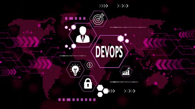 Dev Ops concept digital world map with business icons and data analytics representing global technology and innovation
