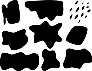 Bold black abstract vector shapes set. Includes irregular blobs, star-like forms, and organic silhouettes. Ideal for abstract posters, backgrounds, collages, and edgy graphic design