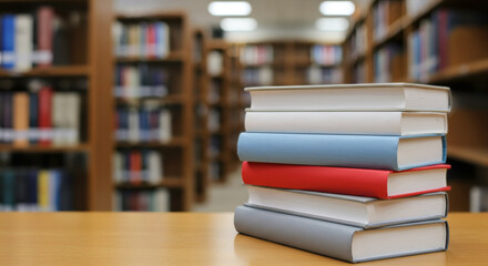 Fototapeta premium Stacked Books in Library Knowledge Awaits with Focused Learning.